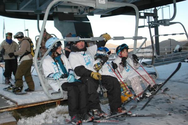 First on the chair at Coronet Peak Rebecca O'Reilly (16yrs) from Perth, Queenstown locals Tim Bryant, Tallulah Bryant (6yrs), Cougar Bryant (8yrs)